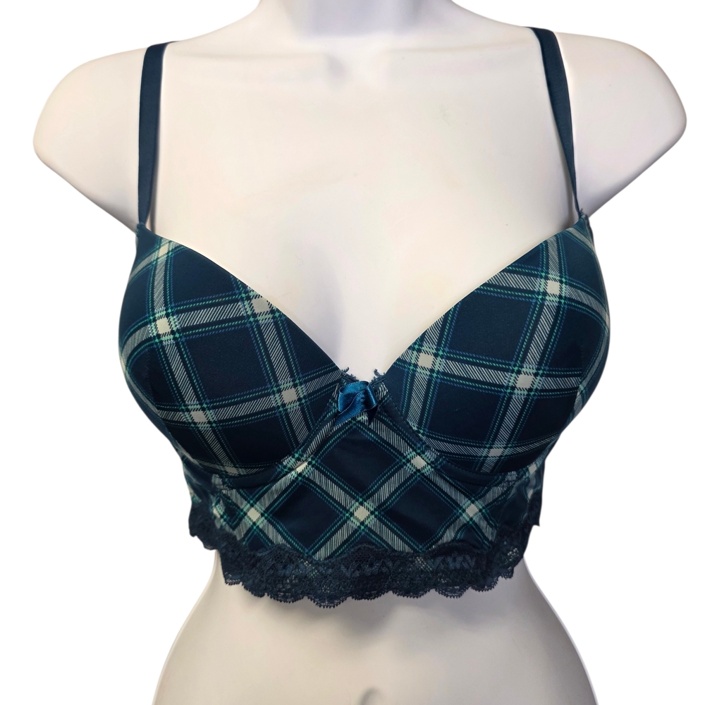 Adore Me Blue Plaid Bralette with Lace